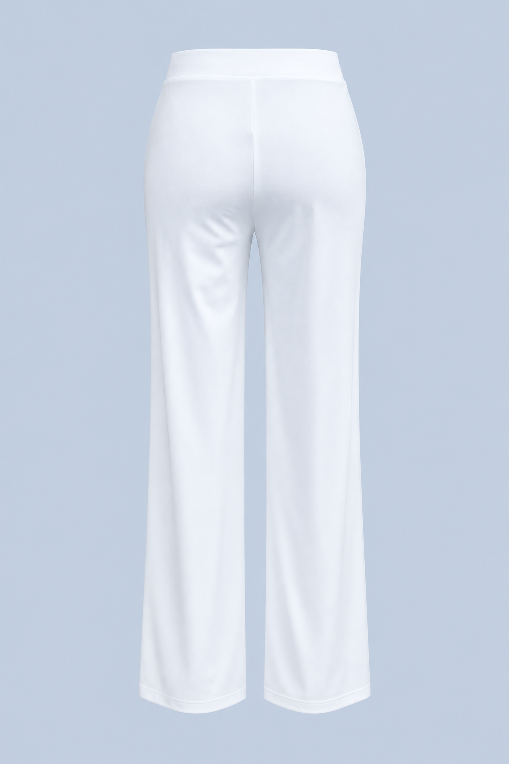 White Vivienne travel pant shown on its own from behind, with a flat waistband, a center back seam and a wide straight leg.