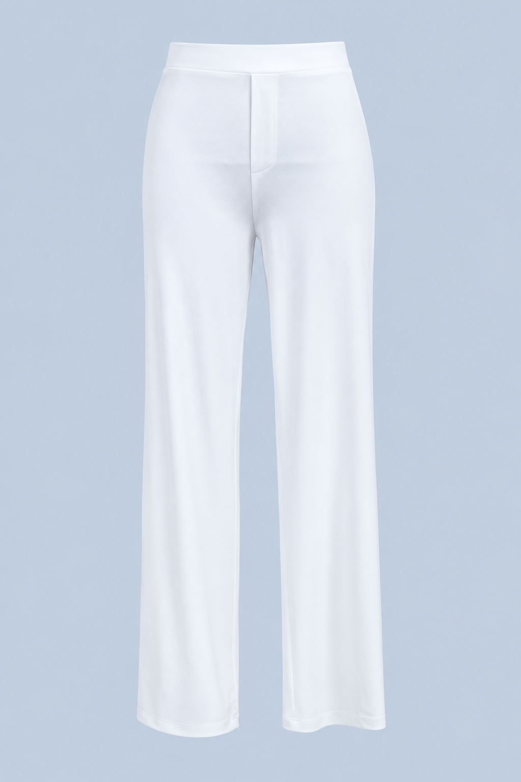White Vivienne travel pant shown on its own from the front, with a flat waistband, a stitched mock fly and a wide straight leg.