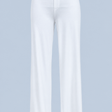 White Vivienne travel pant shown on its own from the front, with a flat waistband, a stitched mock fly and a wide straight leg.