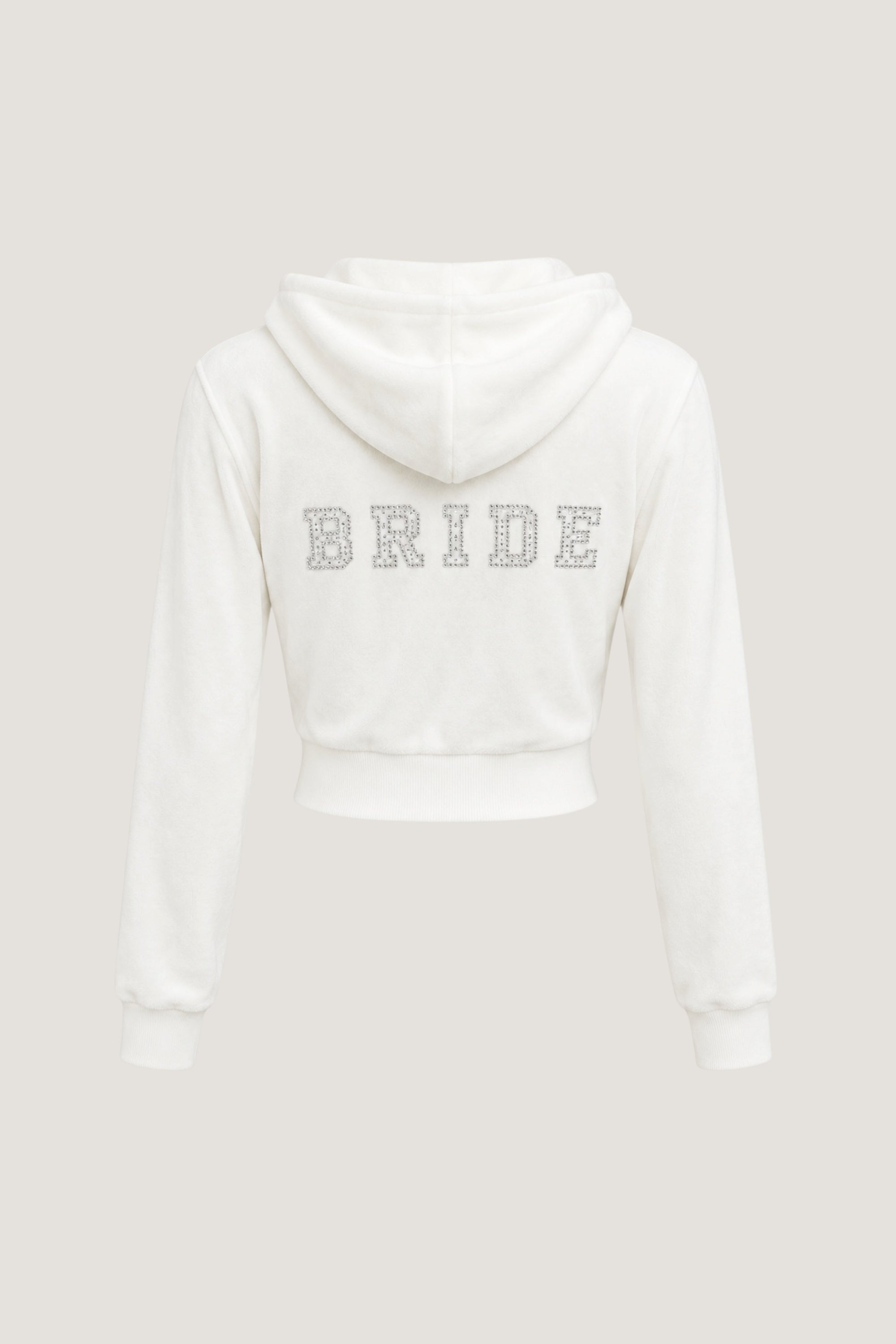ALT's white Wifey rhinestone velour zip hoodie, seen from behind on a ghost mannequin with BRIDE in rhinestones.