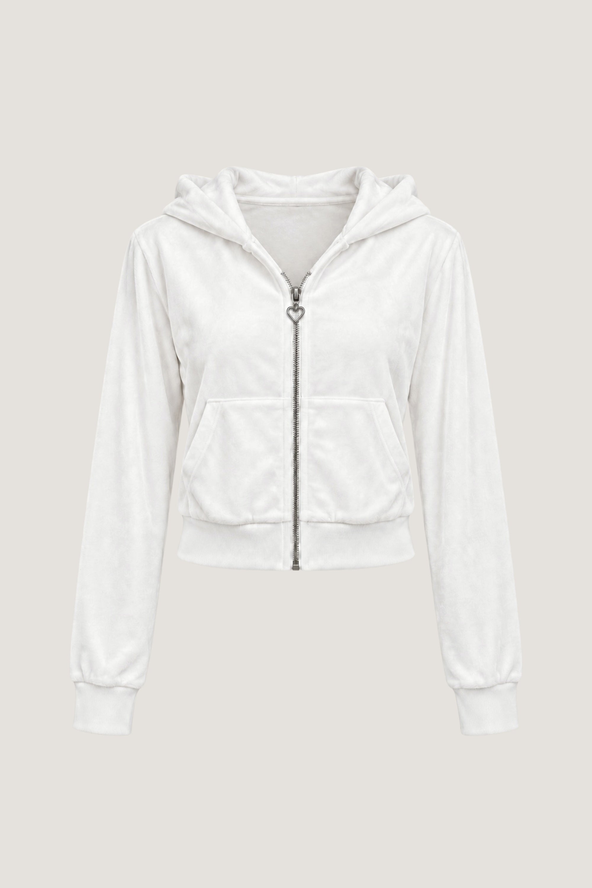 ALT's white Wifey rhinestone velour zip hoodie, shown from the front on a ghost mannequin with a full-length zip and hood.