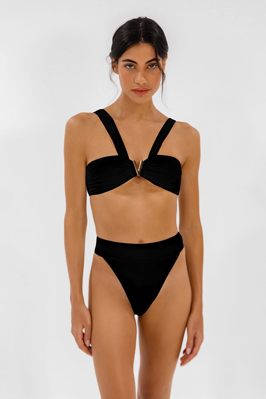 Jacques Ruched Bandeau Bikini Top in Black by ALT Swim